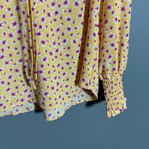 Pleione Women's Yellow & Pink Floral Boho Top - Size Large - Smocked Sleeves - Picture 3 of 6